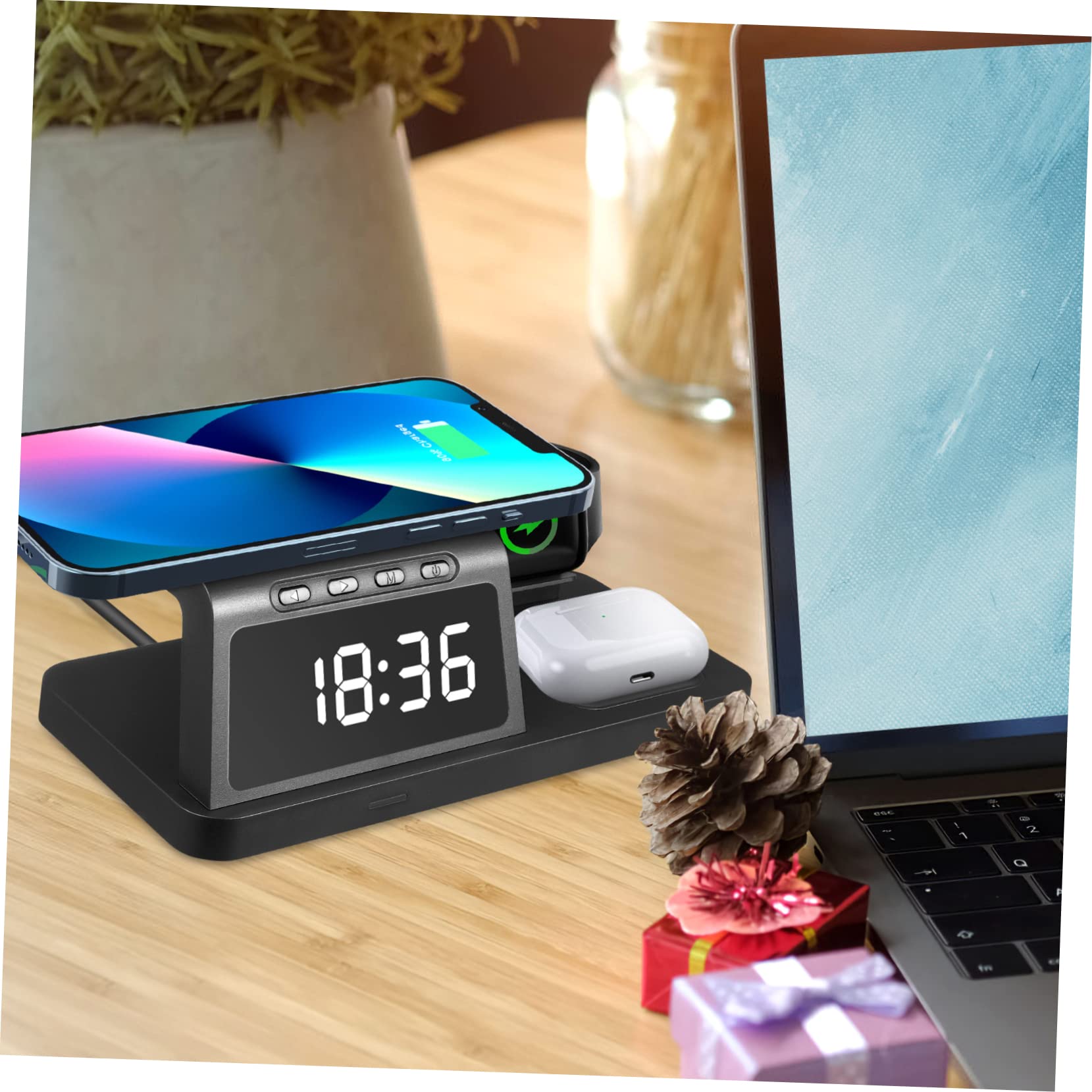 SHINEOFI Station De Charge sans Fil Support Horloge Chargeur Rapide Compatible Téléphone Écouteurs Montre Connectée