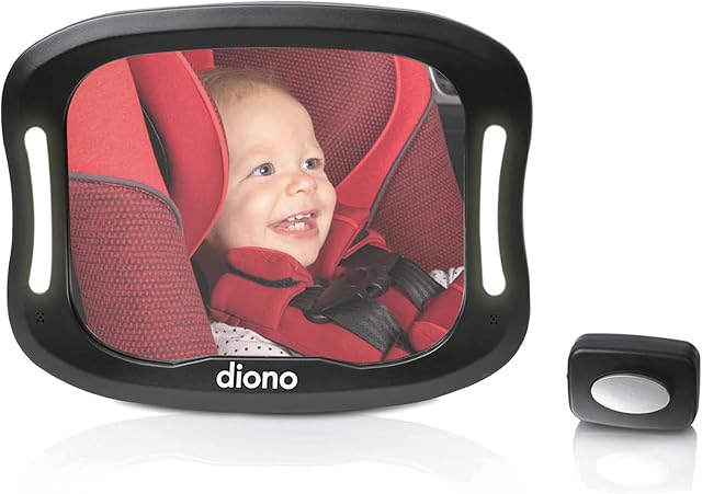 Diono Easy View XXL Baby Car Mirror with Extra Wide View, Safety Car Seat Mirror for Rear Facing Infant with 360 Rotation, LED Night Light, Wide Crystal Clear View, Shatterproof, Crash Tested