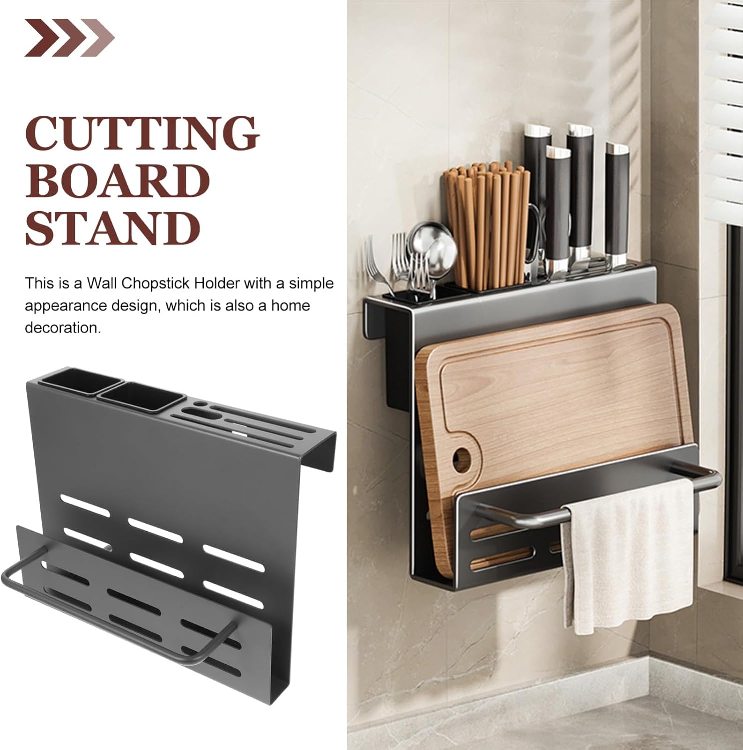 STOBAZA Multi-function Wall Mount Knife Holder and Utensil Organizer Drain for Kitchen Storage and Decor Includes Cutting Board and Dual Cup for Spoons Forks and Chopsticks