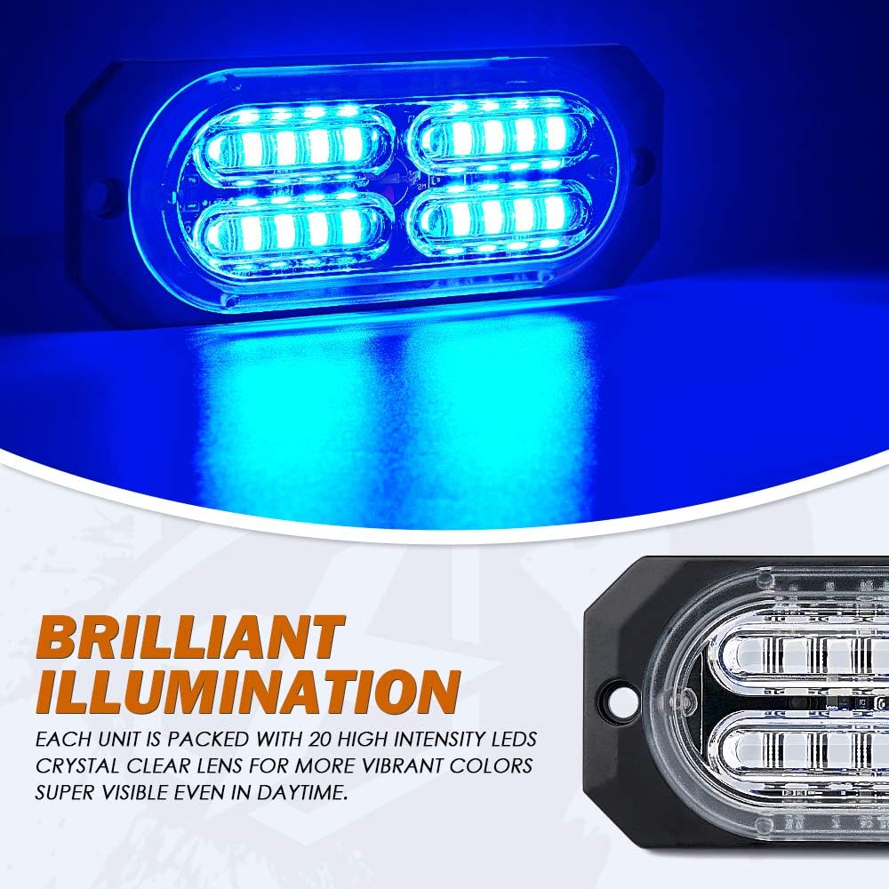 Xprite Blue 20 LED Surface Flush Mount Grille Strobe Flashing Lights Kit, Deck Dash Grill Side Marker Emergency Warning Hazard Police Light for Volunteer Vehicles Trucks Cars SUV ATV UTV Pickup 8PCS