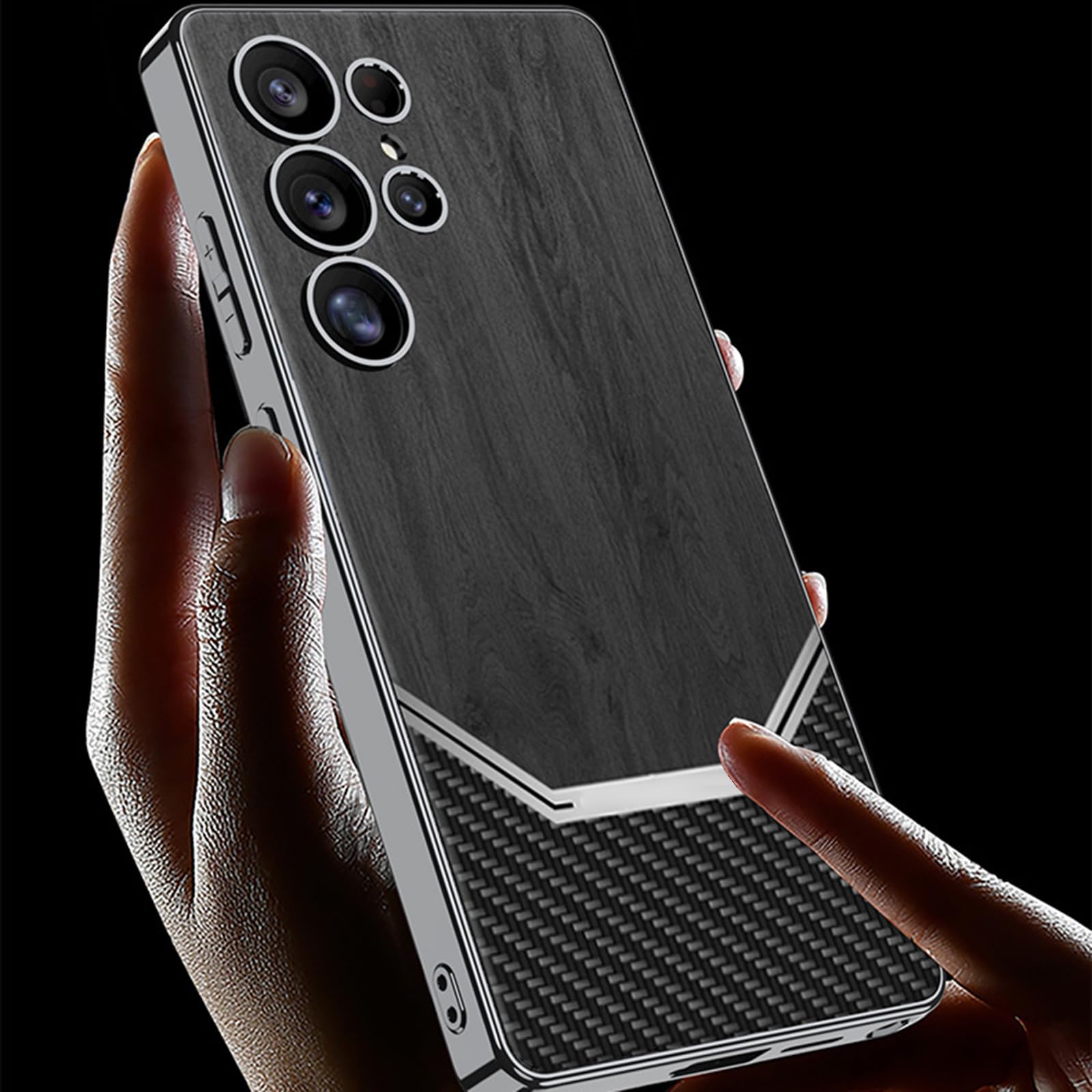 Stylowe etui do Samsunga Galaxy S25 Ultra/S25 Plus/S25, tekstura drewna i włókna węglowego, wąskie etui, kompleksowa ochrona soczewek, brązowe, S25