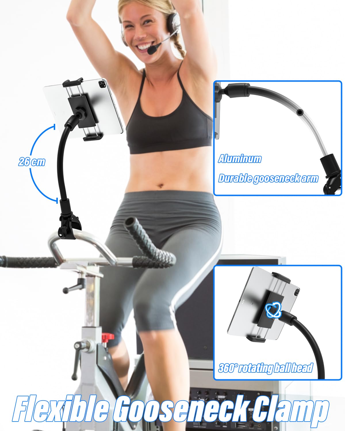 Supporto per tablet per cyclette, collo di cigno, tapis roulant per tablet – [multifunzionale], spinning interno, per cellulare e tablet, iPad Pro/Air/Mini, Galaxy, iPhone