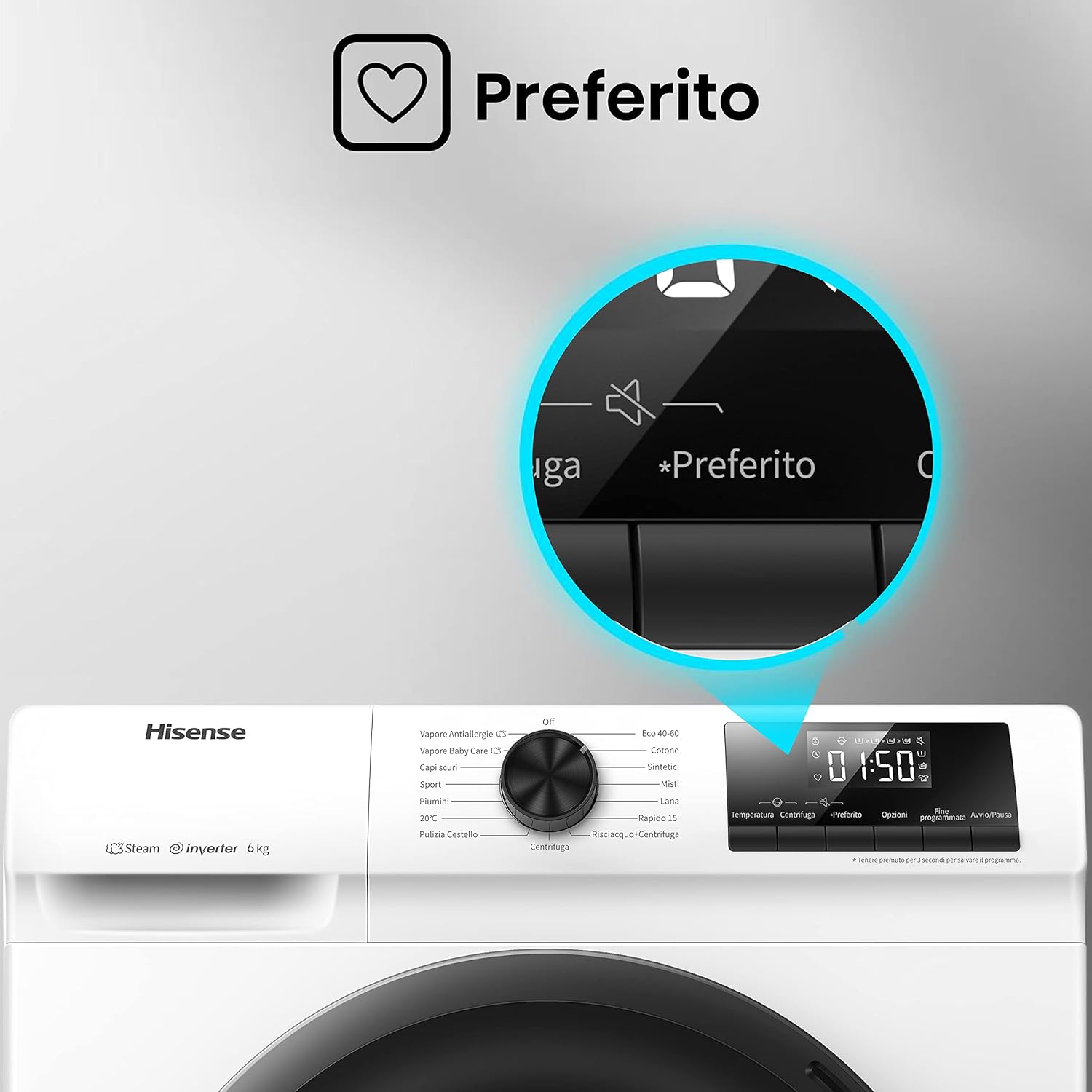 Hisense WFQP6012EVM - Lavatrice a Carica Frontale 6 Kg, 1200 rpm, 15 Programmi, Programmi con Vapore, Display LED, Programma Rapido, Partenza Ritardata, Child Lock, Motore Inverter, classe C