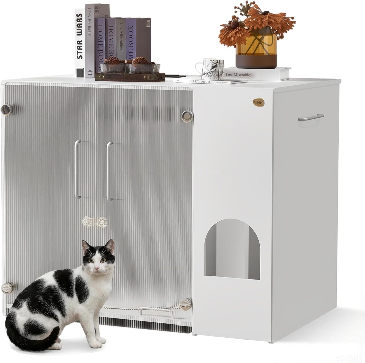 Cat Litter Box Enclosure - Dog Proof Cat Litter Box with Pull-Out, Rotating Features, Includes Power Outlet and Acrylic Wave-Patterned Door Panels with Lock,Elegant White