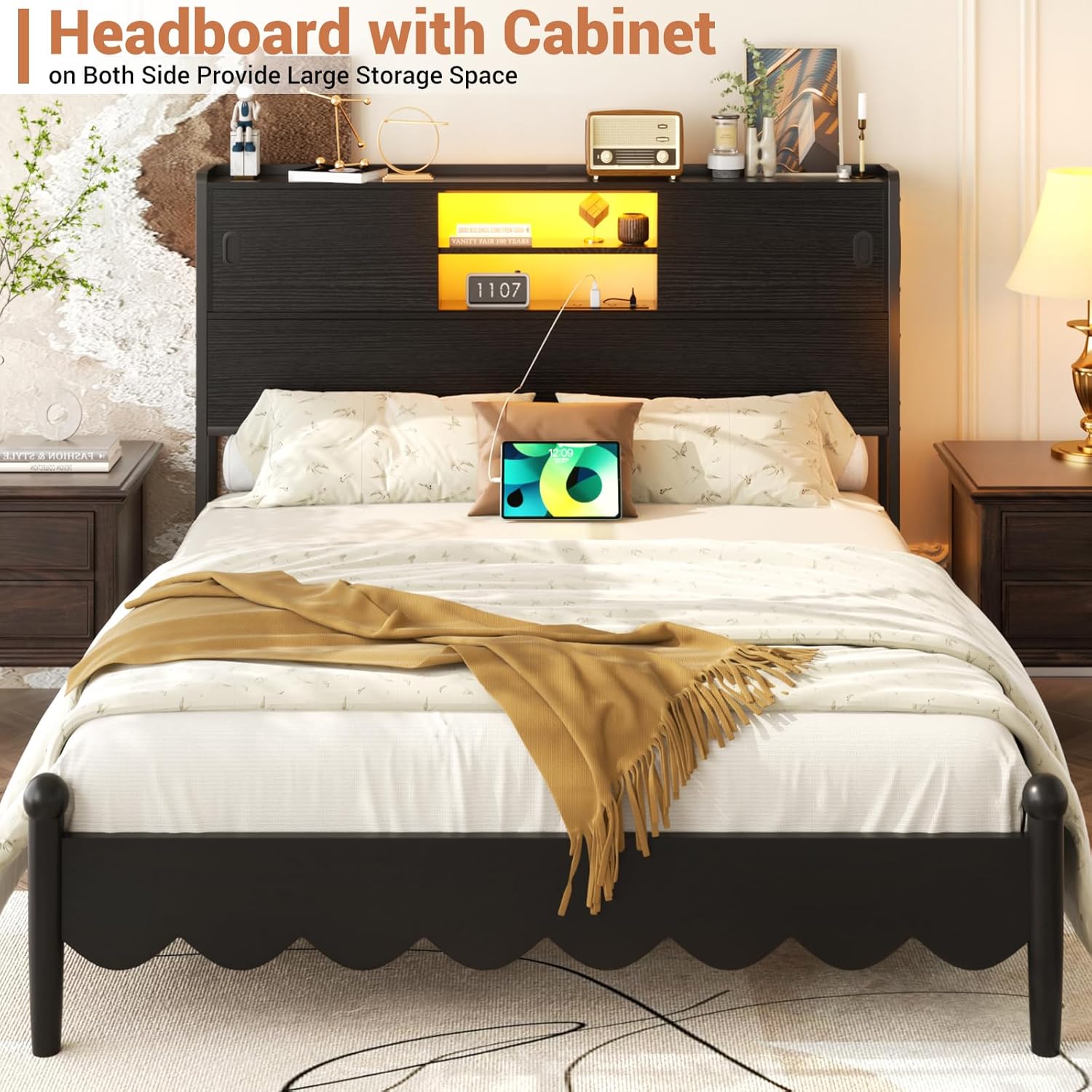 Homieasy Full Storage Headboard with Sliding Doors, Bookcase Headboard with Charging Station & Smart LED Light, Headboard Only for Full Bed, Wood Headboards with Bookshelf