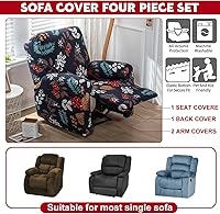 Vista 7 de Juego de 4 fundas para sillón reclinable de alta elasticidad, funda suave para sofá de 1 asiento, funda estampada para silla reclinable con bolsillo
