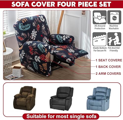 Miniatura 7 de Juego de 4 fundas para sillón reclinable de alta elasticidad, funda suave para sofá de 1 asiento, funda estampada para silla reclinable con bolsillo