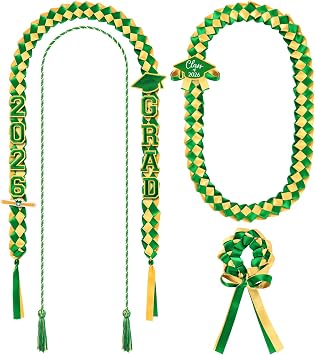 Canlierr 17 Pcs Graduation Leis Cord Set Class of 2026 Grad Ribbon Money Lei Braided Necklace Graduation Gift for Men Women Party SuppliesGreen