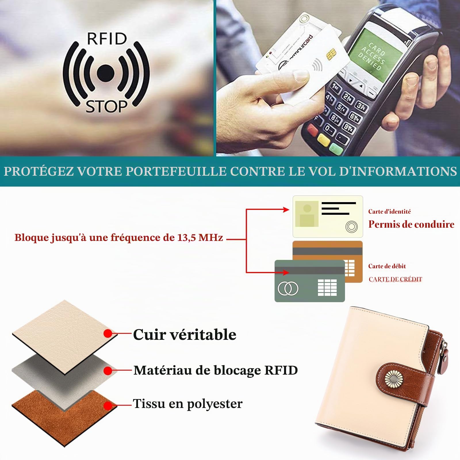 SENDEFN Portefeuille Femme Cuir Véritable en Format Court Portefeuille Femmes RFID Blocage, 16 emplacements pour Cartes y Compris 2 fenêtre d'identification et 1 Poche à Fermeture éclair