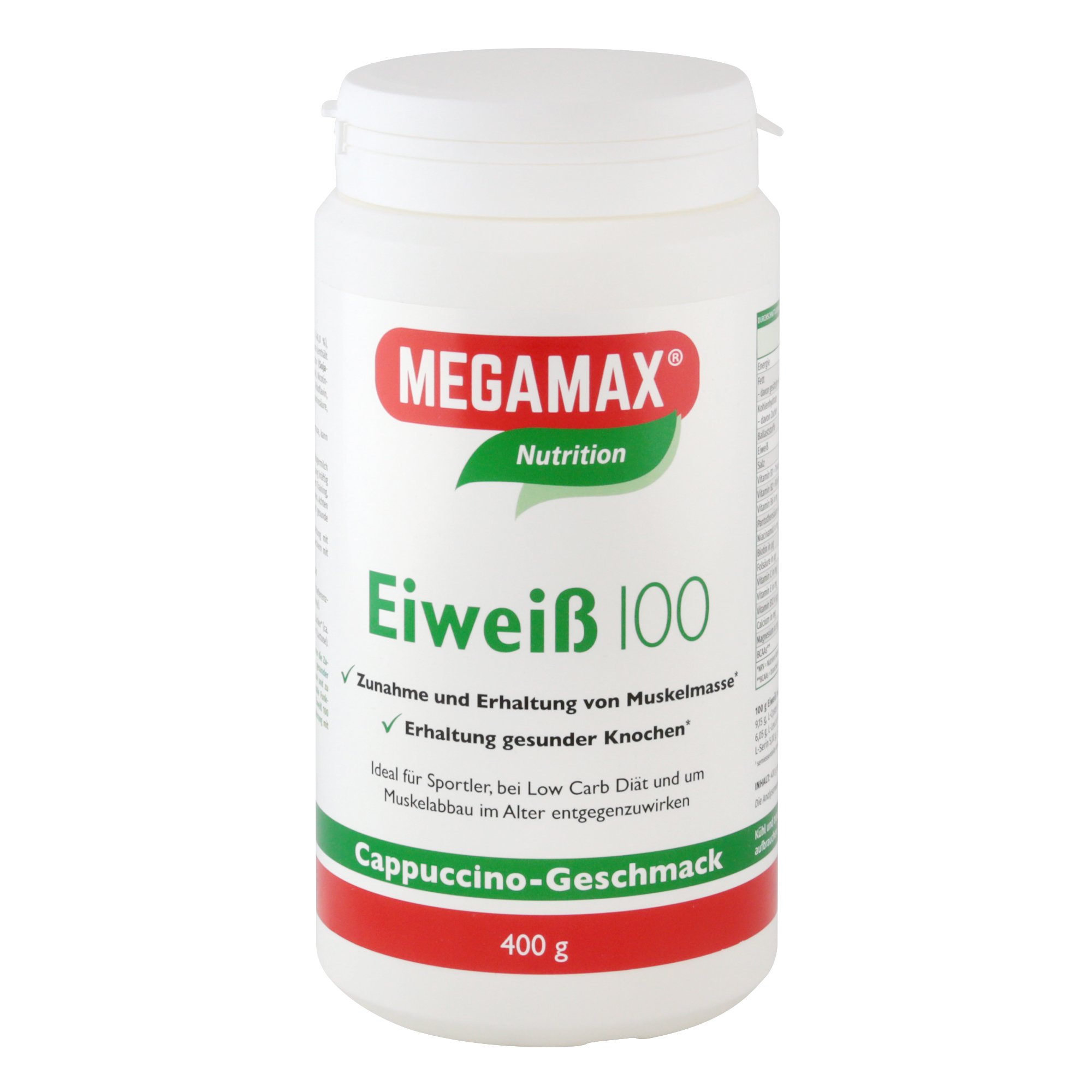 Megamax Eiweiss Cappuccino 400 g | Molkenprotein + Milcheiweiß Für Muskelaufbau ,Diaet | 2k-Eiweiss ideal zum Backen | hochwertiges Low Carb Eiweiß-Shake | aspartamfrei Eiweiß-pulver mit Aminosäure