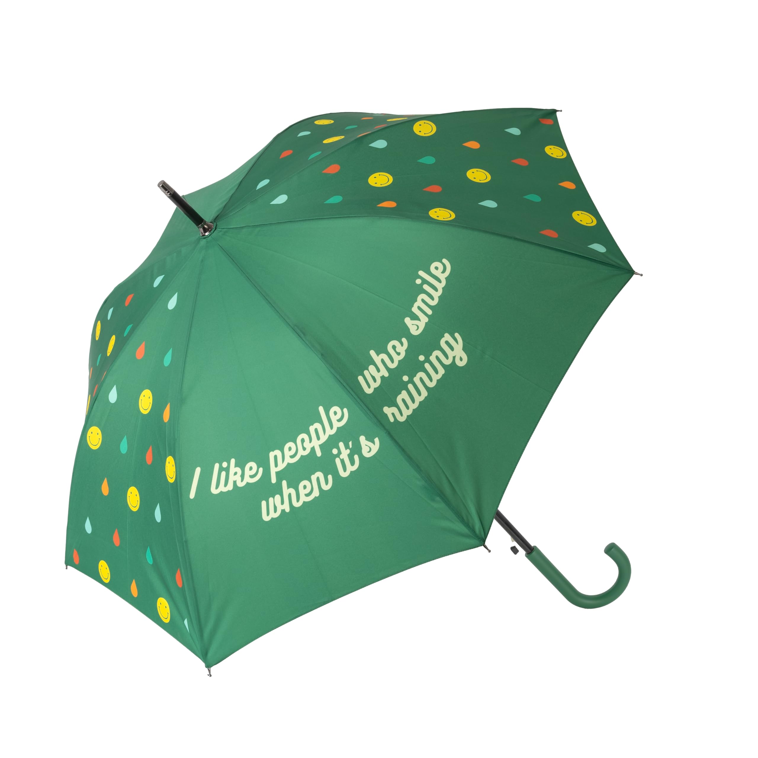 Fisura - Large Windproof Umbrella I like people who smile in Green, Compact Umbrella with Button for Women & Men, Wind Resistant, Automatic Open, For Travel, Golf, 106 Centimetres in Diameter