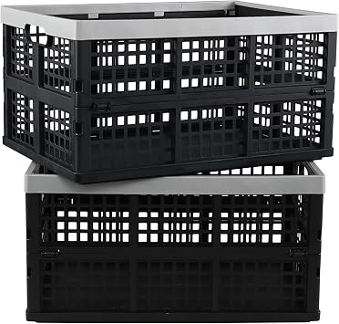 2-Pack 42 L Plastic Stacking Collapsible Storage Crates, Black