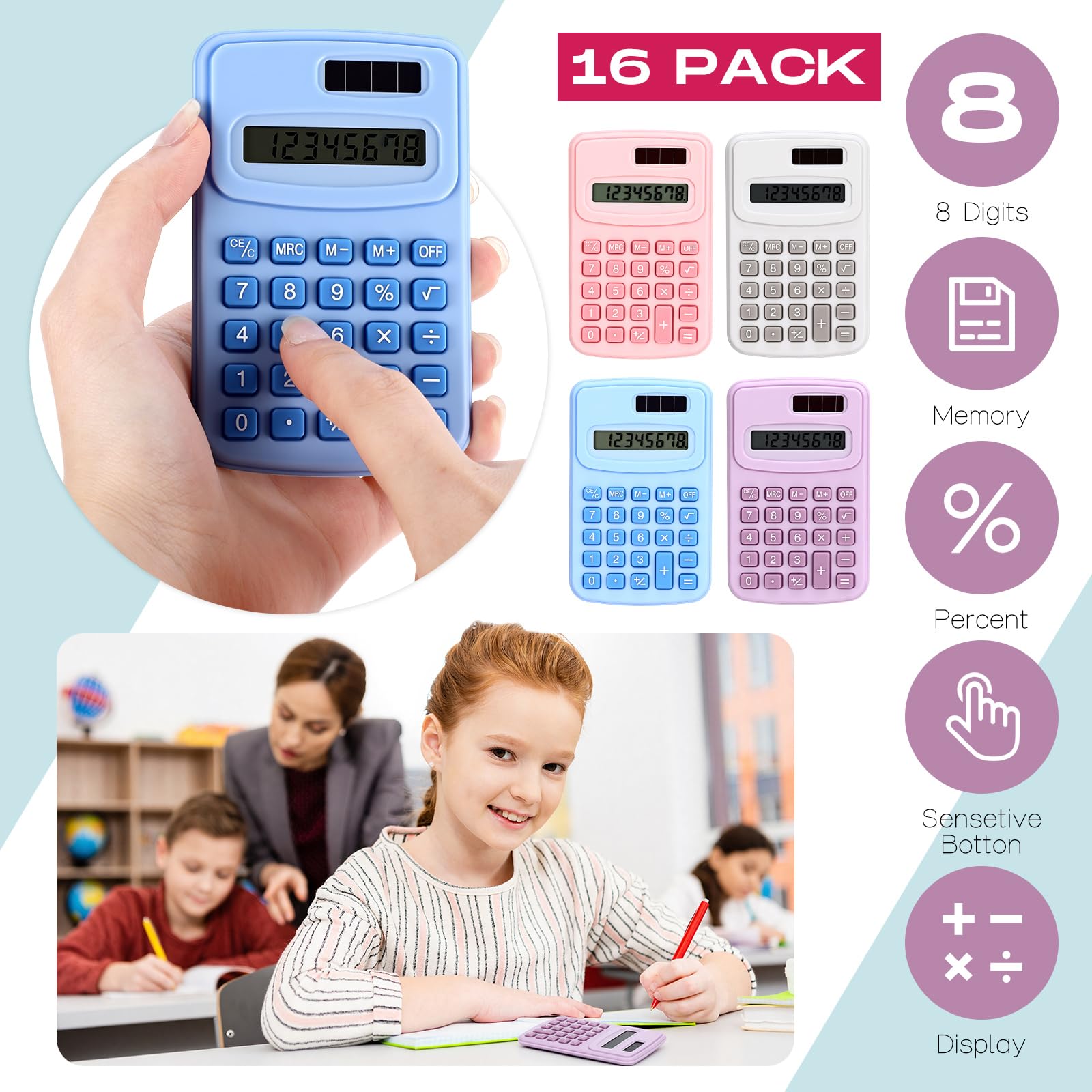 Yunsailing 48 calcolatrici tascabili a 8 cifre, piccole calcolatrici standard di base, per studenti, bambini, insegnanti, scuola, scrivania, casa, ufficio, 3 design (fresco)