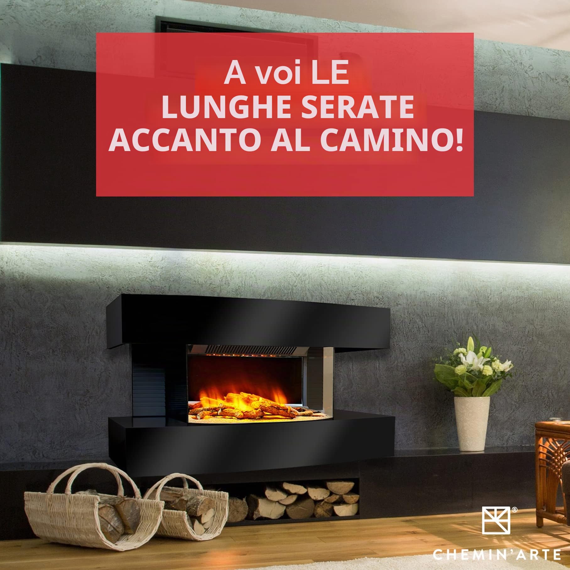 CHEMIN'ARTE Camino elettrico Lounge effetto fiamma LED - da parete - Bianco - 120cm - Telecomando, Caminetto con Timer e Controllo Automatico di Temperatura