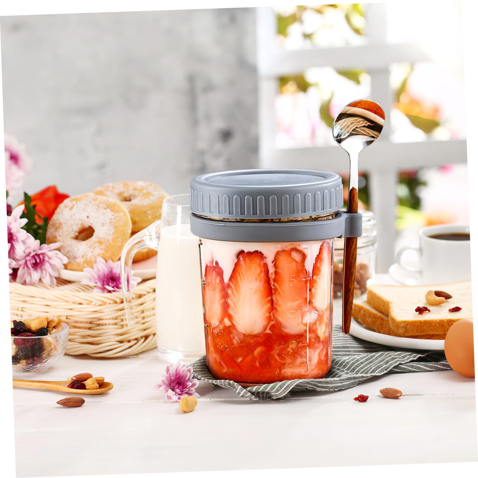 Garneck 4 Stück Overnight Oats Behälter Glasbehälter mit Deckel und Löffel 400ml Vorratsdose Glas mit Holzdeckel für Büro und Schlafsaal