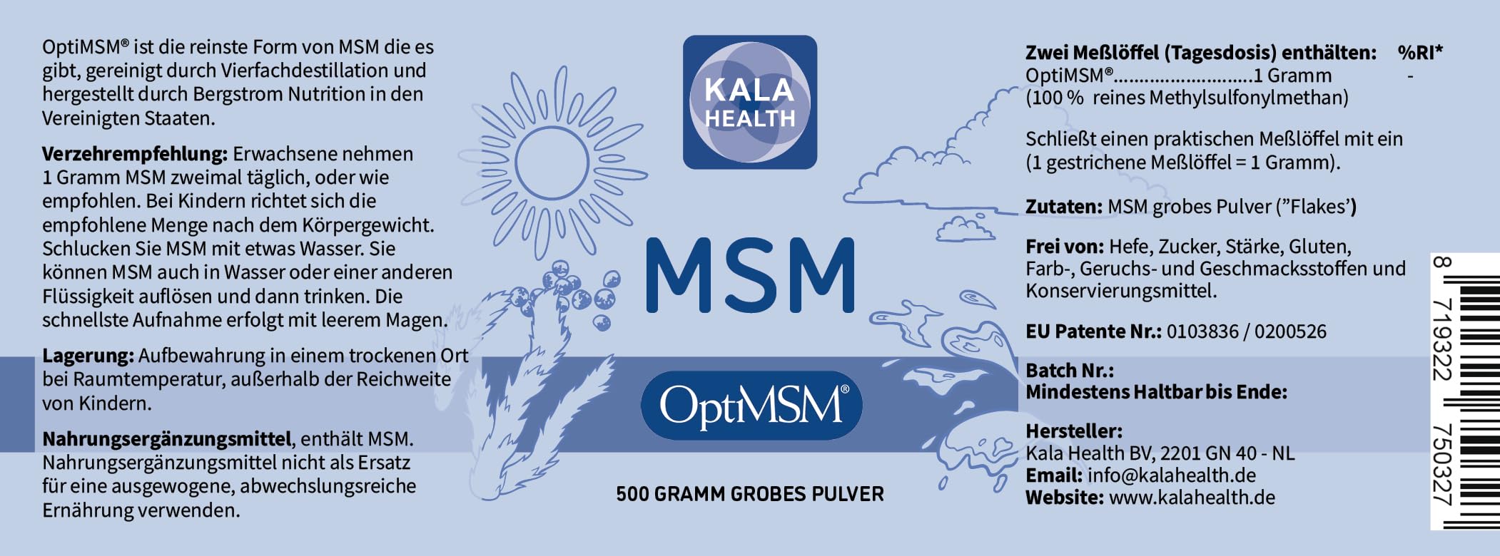 Kala Health OptiMSM MSM Pulver ohne Zusatzstoffe 500g - Methylsulfonylmethan Schwefelpulver 1.000 mg OptiMSM® MSM pro Portion, vegan, glutenfrei, lactosefrei, allergenfrei ohne jegliche Zusätze