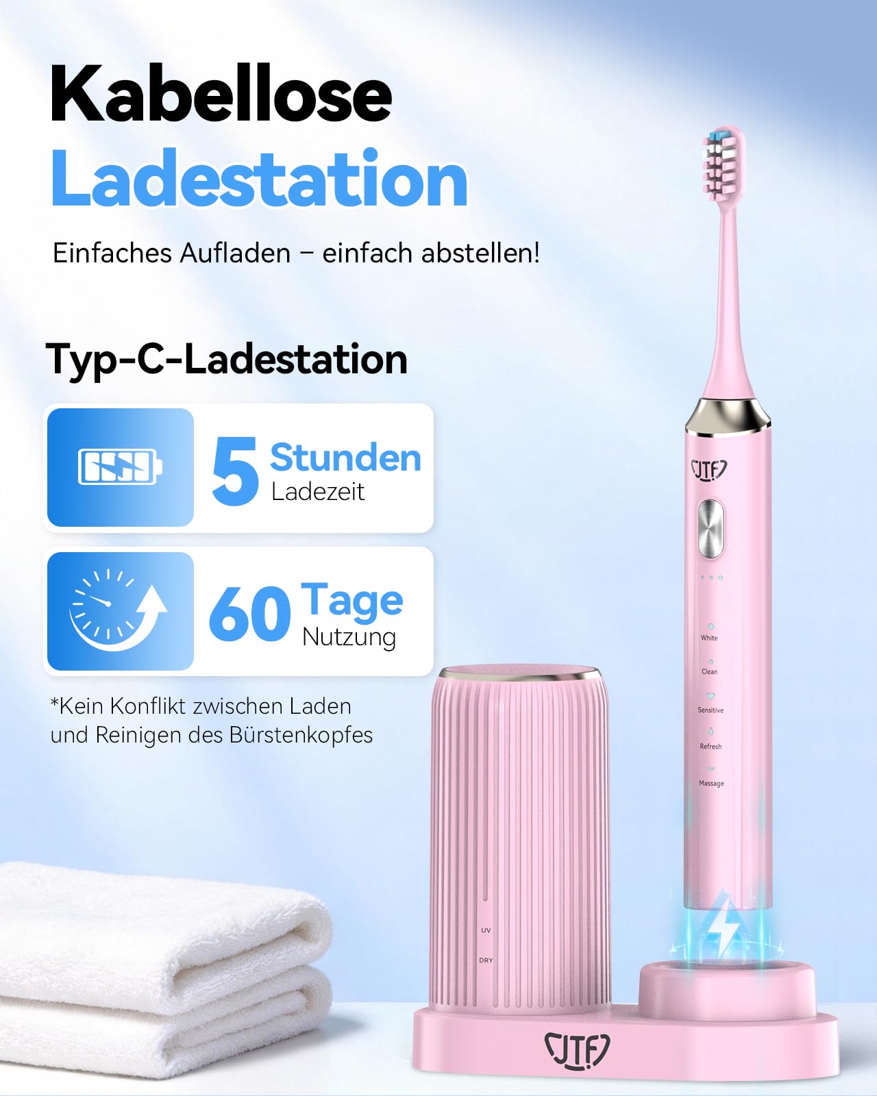 JTF Brosse à Dents Électrique Sonique avec Nettoyage et Séchage UV, 5 Modes de Nettoyage, 6 Têtes de Brosse de Rechange, Gobelet, Station de Charge Sans Fil pour La Maison et Les (Rose)