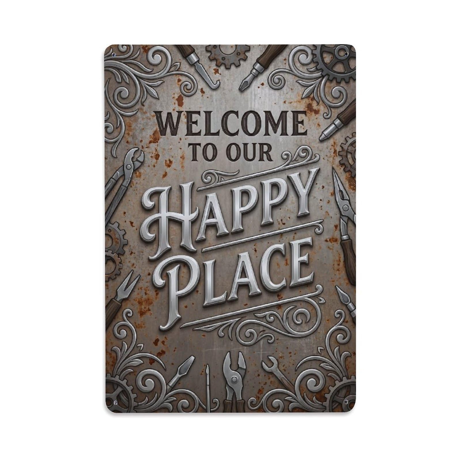 Welcome To Our Happy Place Vintage Silversmith Workshop Metal Tin Sign