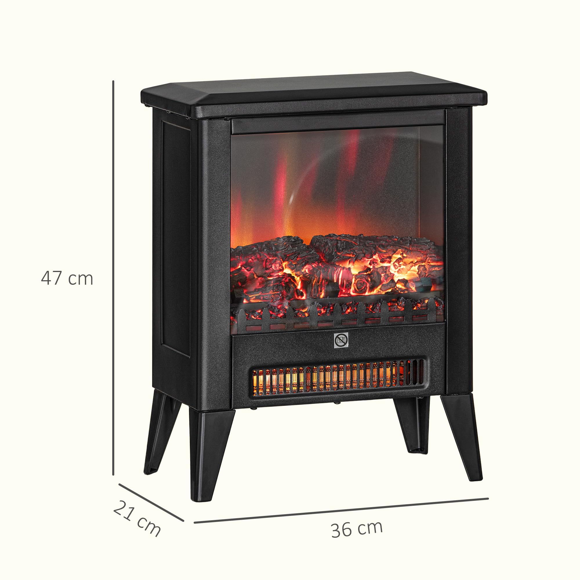 HOMCOM Camino Elettrico da Terra con Effetto Fiamma 3D a 3 Intensità, 1800W Caminetto Elettrico con Spegnimento Automatico, Termostato, Risacaldamento Regolabile per Soggiorno, 30㎡, Nero