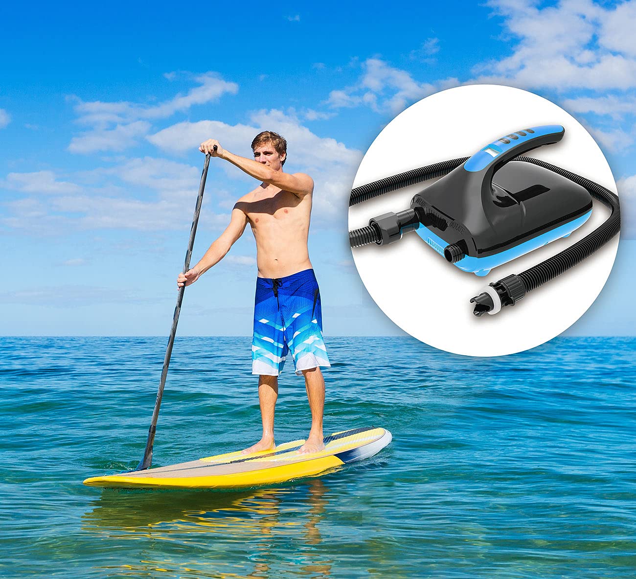 AGT SUP Pumpe: Elektrische Luftpumpe für SUP-Boards & Boote, 6 Aufsätze, 500 l/Min. (Schlauchboot Pumpe, Stand Up Paddle, Boot)