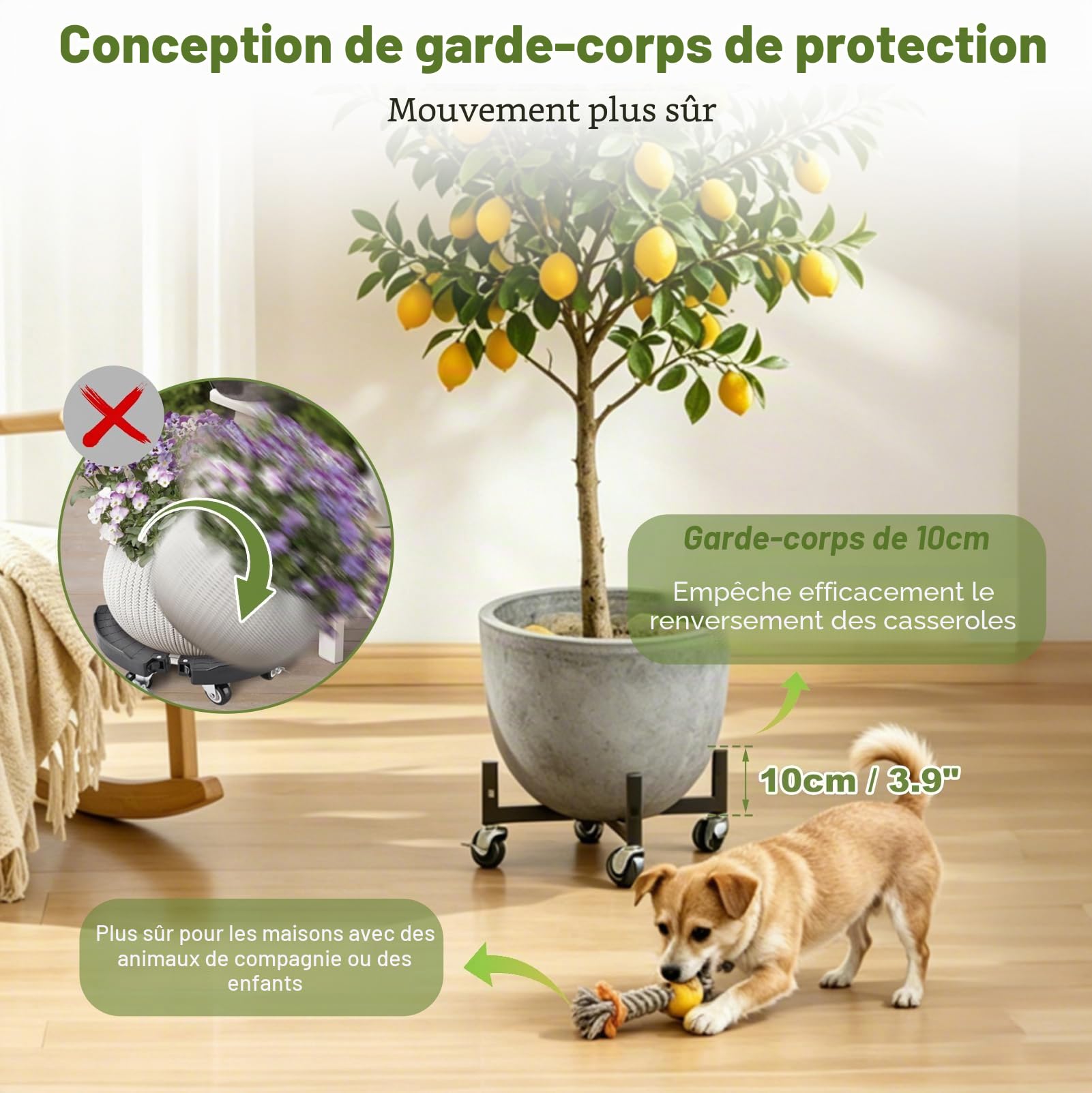 Chariot à Plantes à roulettes Réglable, Support Pot Fleur Roulant 100 kg