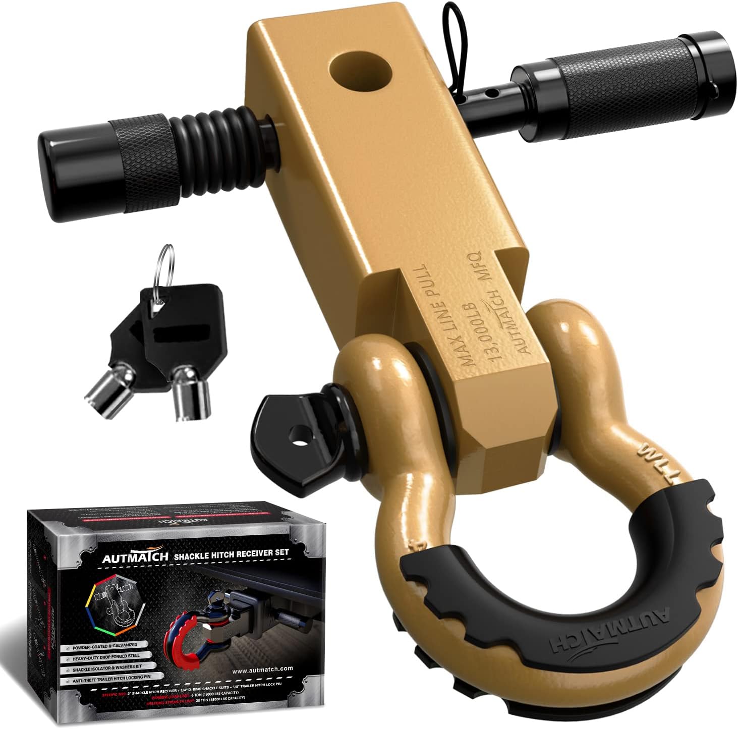 AUTMATCH Shackle Hitch Receiver 2 Inch - 3/4" D Ring Shackle and 5/8" Trailer Hitch Lock Pin, 45,000 Lbs Break Strength Heavy Duty Receiver Towing Kit for Off-Road Vehicle Recovery, Gold