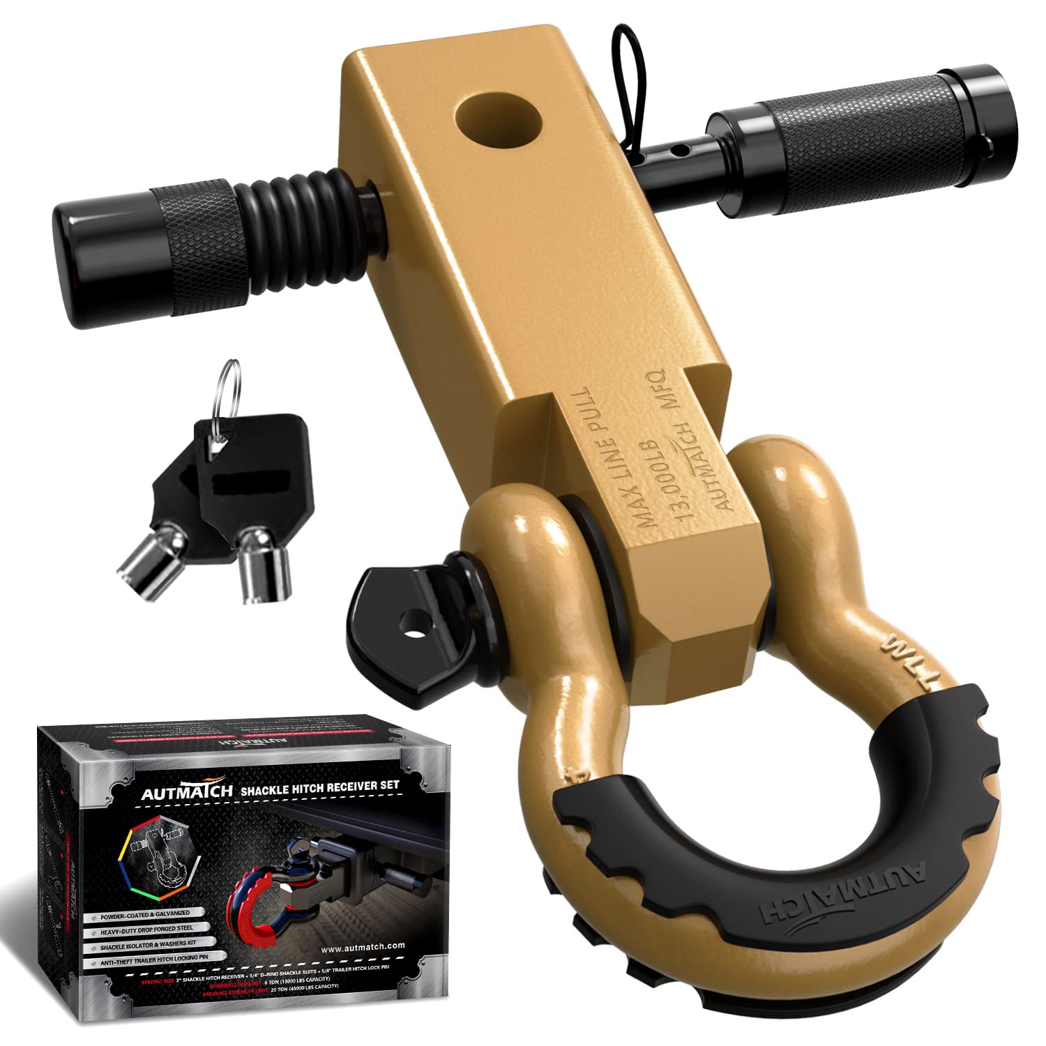 Photo 1 of AUTMATCH Shackle Hitch Receiver 2 Inch with 3/4" D Ring Shackle and 5/8" Trailer Hitch Lock Pin, 45,000 Lbs Break Strength Heavy Duty Receiver Kit for Vehicle Recovery, Gold Shackle Hitch Receiver & Hitch Lock Pin Gold