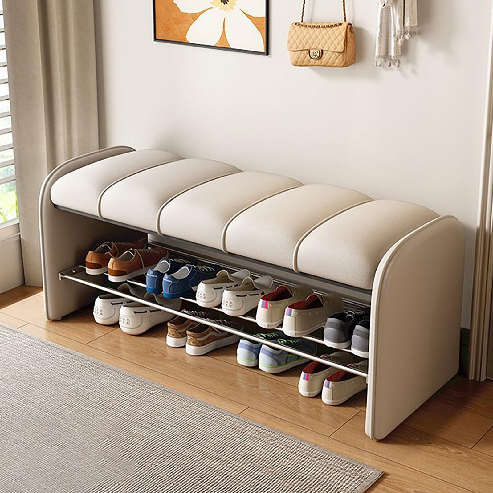 Banc d'entrée avec rangement chaussures et assise similicuir marron
