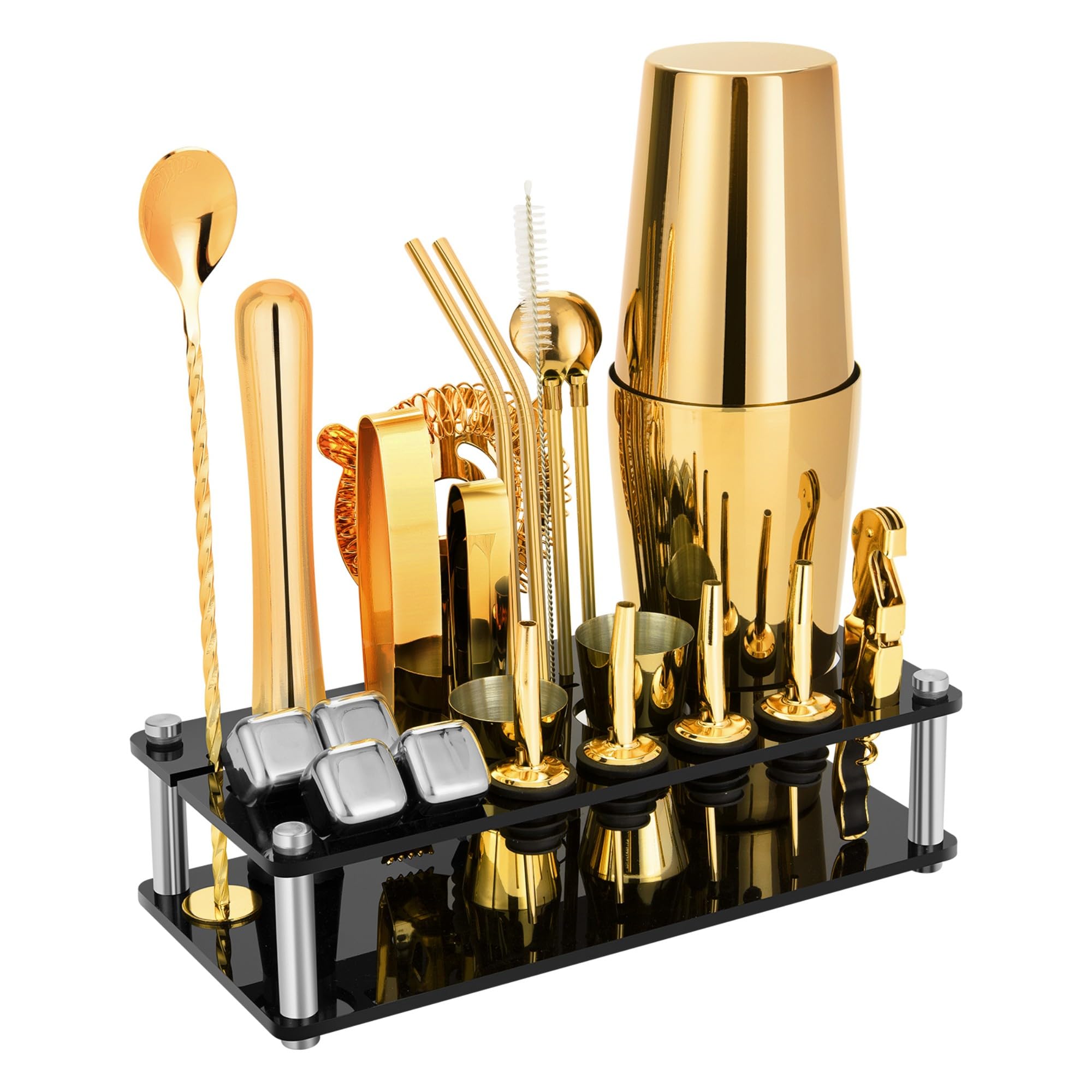 Juego de coctelera de coctelera Boston de 23 piezas, kit de camarero de acero inoxidable con soporte acrílico y folleto de recetas de cóctel, fiesta, color dorado