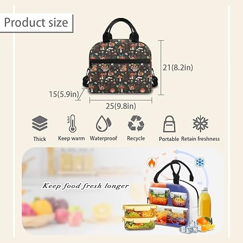 Miniatura 7 de Buybai Bolsas de almuerzo aisladas, reutilizables, para picnic, con estampado de hongos, bolsas de almuerzo con correa extraíble