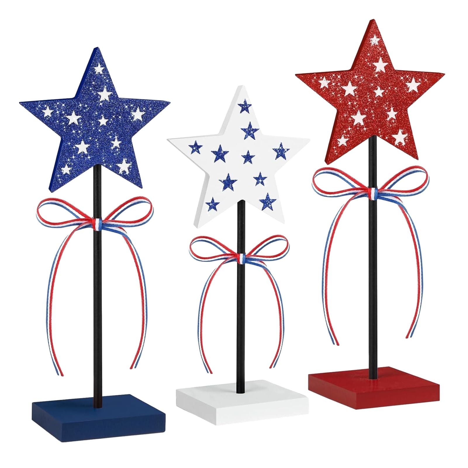 matumou 3 Pcs 4th of July Wooden Star Signs, Red White Blue Glitter Patriotic Star Table Centerpiece for Independence Day, Tiered Tray,