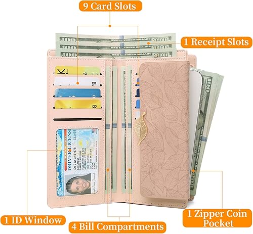 Miniatura 4 de Cartera de cuero para mujer, con bloqueo RFID, gran capacidad, triple tarjetero, carteras, monedero largo con ventana de identificación, C02 Rosa