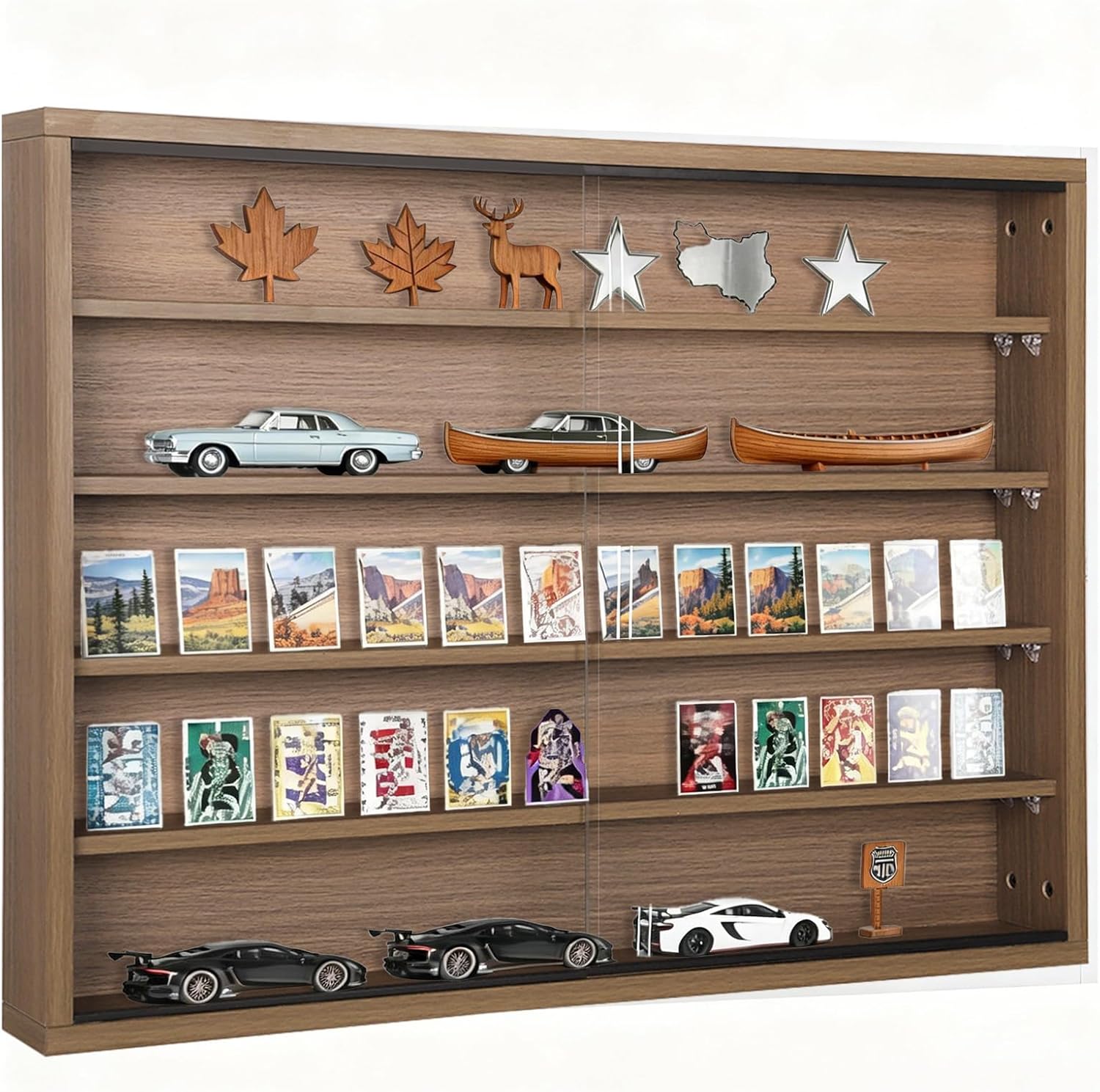 5-Tier Wall Mounted Display Cabinet, No Assembly Required Ready to Use Out of the Box Glass Door Display Case with Adjustable Shelves for Bedroom Playroom, Black