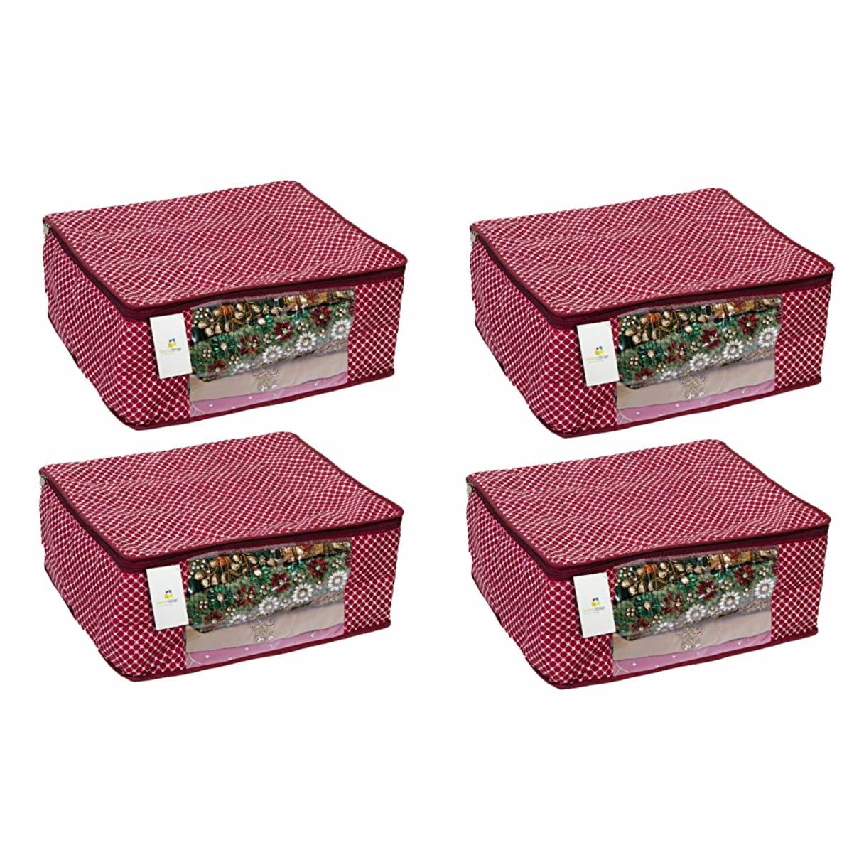 Homestrap Set of 4 Cotton Quilted Saree Covers | 3-Layered Foldable Storage Bags with Transparent Window & Zip | Premium Wardrobe Organizer for Sarees, Lehengas, Dresses | Maroon