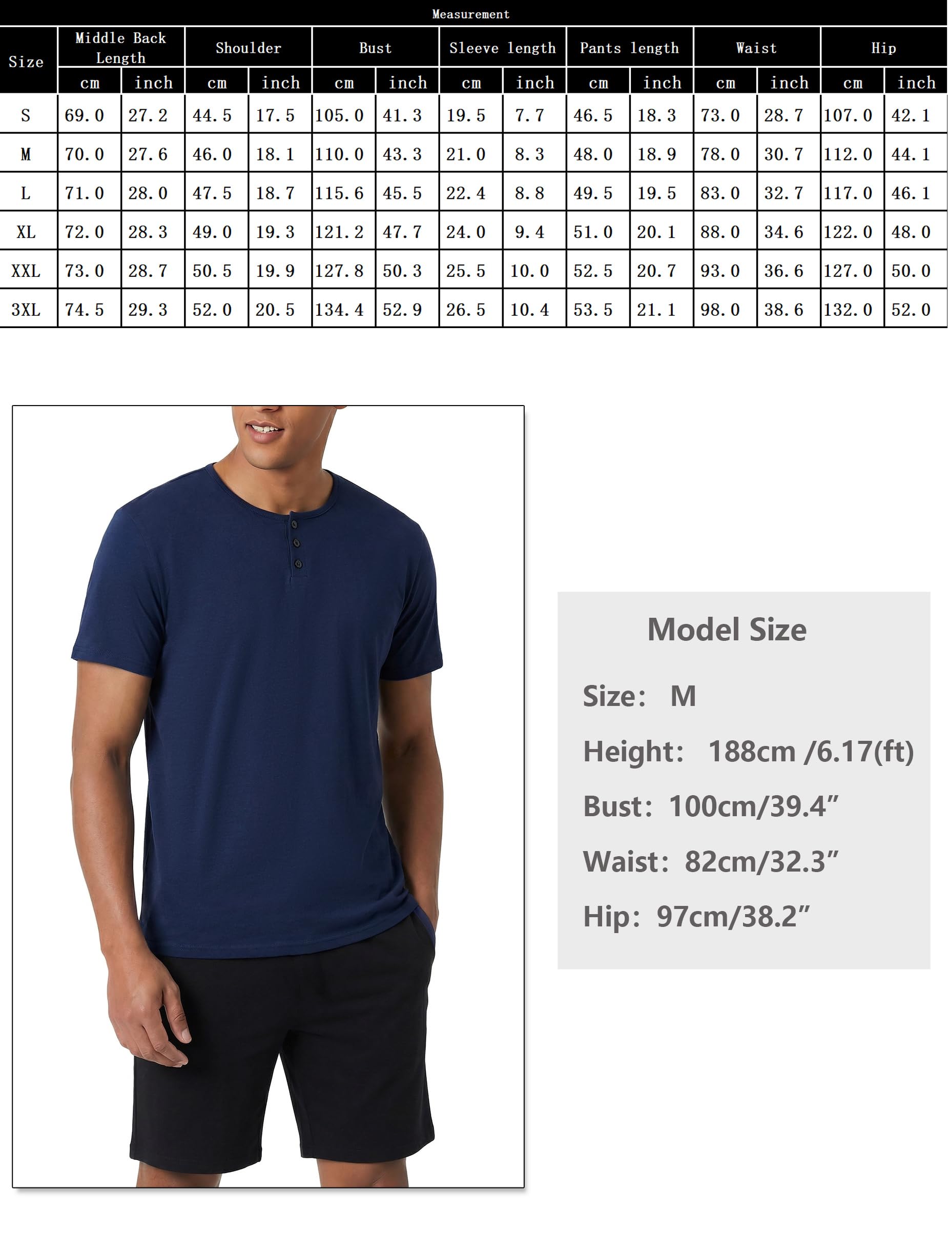 Aseniza Pijamas Hombre Verano Algodón Conjunto Corto Shorty Ropa de Dormir Hombre Cuello Redondo con Botones M-XXL