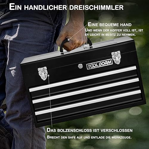 Vista 6 de Caja de herramientas de metal de 20.3 pulgadas con cajones, caja de herramientas de acero portátil con forro protector y cierre de pestillo y Negro