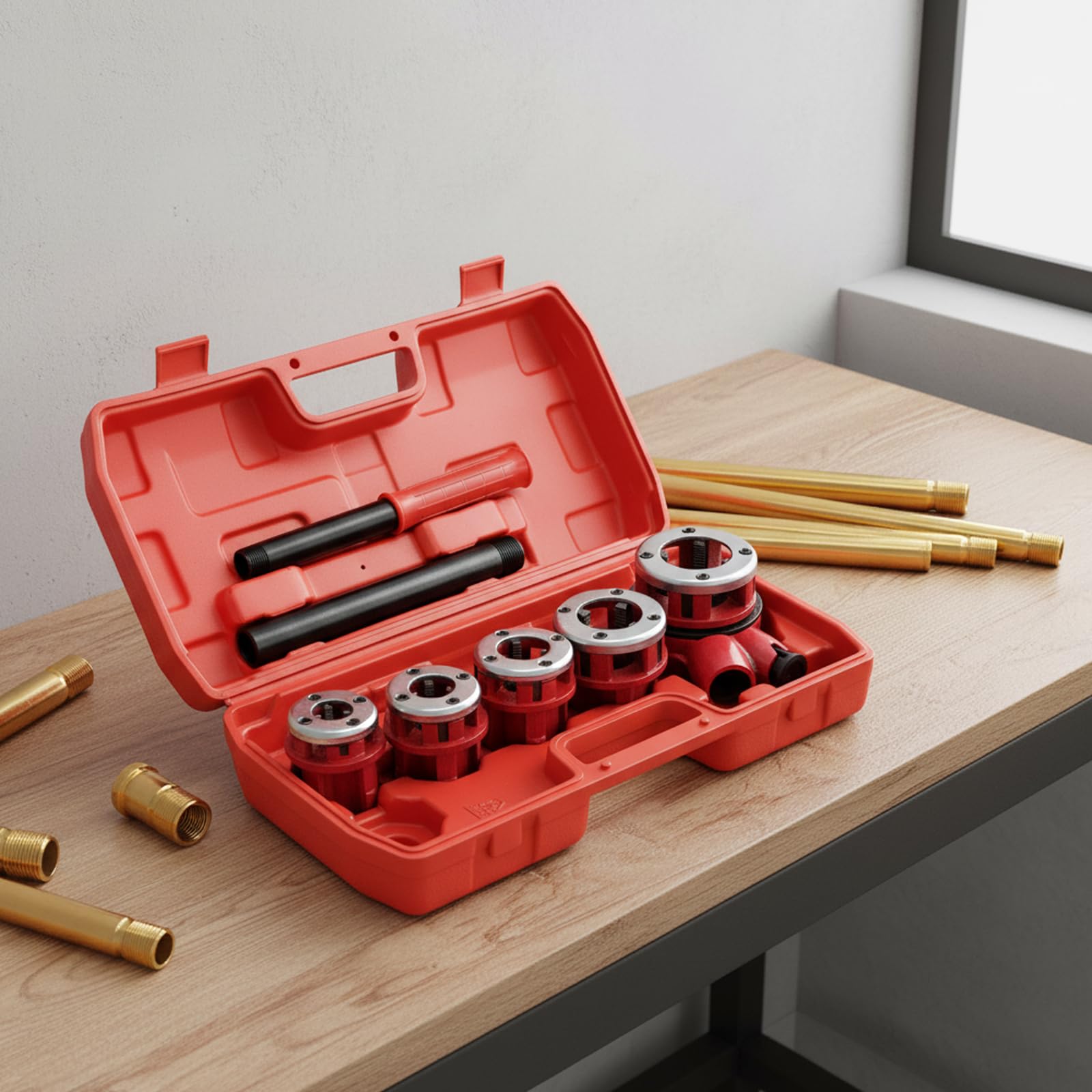 Kit de manguera de 5 tamaños 3/8-1-1/4", herramienta de rosca manual BSPT, juego de roscas para tubos de acero PPR PVC, para fontanería astillero automóvil, reparación de red dañada, caja de plástico