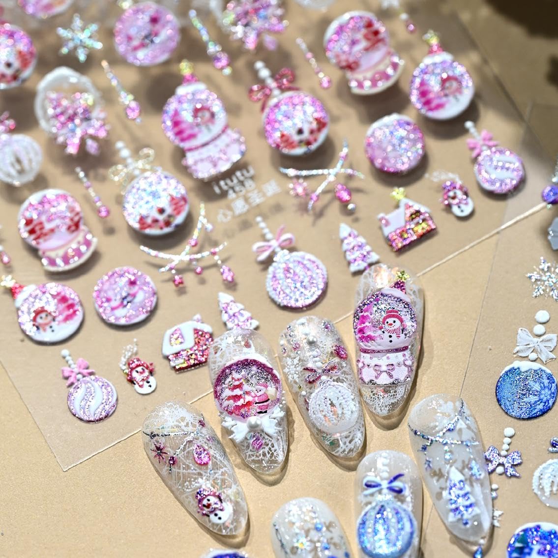 Condition photo showing New/Like New for Christmas Nail Stickers Pink Nail Art Stickers Crystal Ball Nail Decals 5D Embossed Self Adhesive with Glitter Design Snowflakes Nails Art Decals for Women Xmas Manicure Charms Decoration Accessories