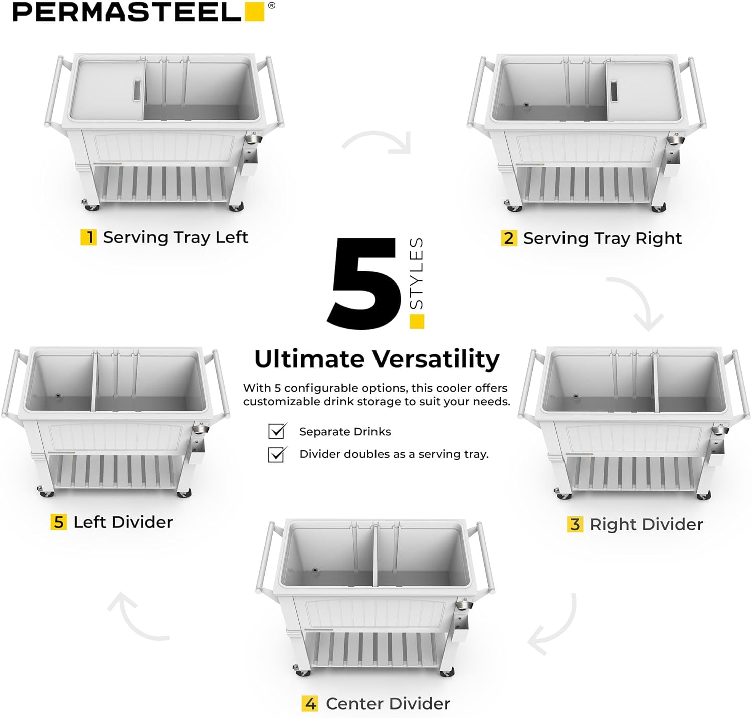 Permasteel Party Cooler with Divider, Spacious 80-Qt Capacity, Chills 36hrs, Serving Tray, Rolling Ice Chest for Indoor and Outdoor Entertainment, Matte White
