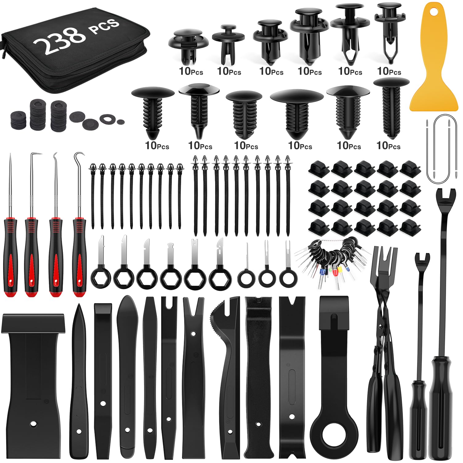 GOOACC 238Pcs Trim Removal Tool, Auto Push Pin Bumper Retainer Clip Set Fastener Terminal Remover Tool Adhesive Cable Clips Kit Car Panel Radio Removal Auto Clip Pliers, Black