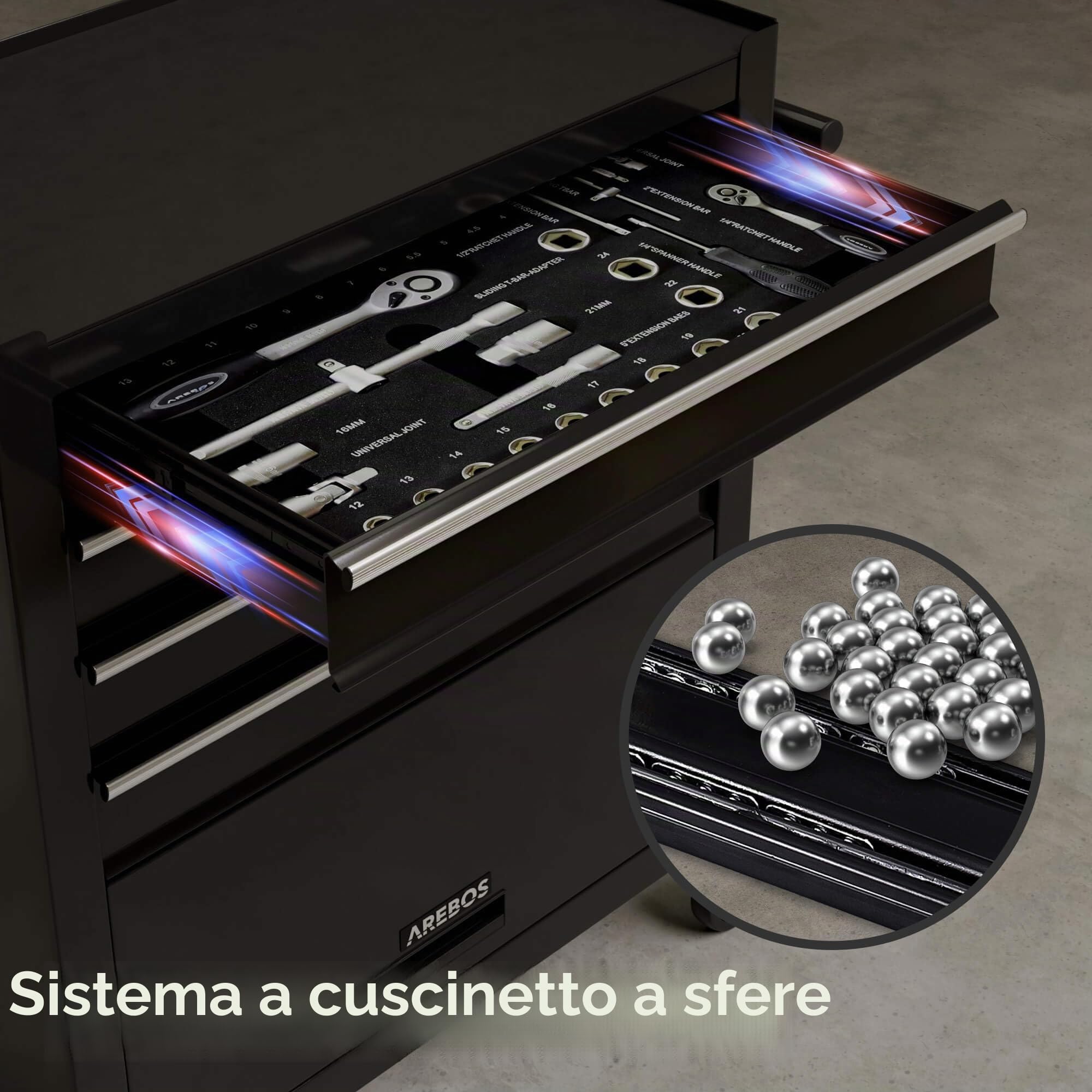 AREBOS Carrello da officina 4 scomparti 81 attrezzi portautensili con tappetini antiscivolo interlock 2 ruote freno Nero