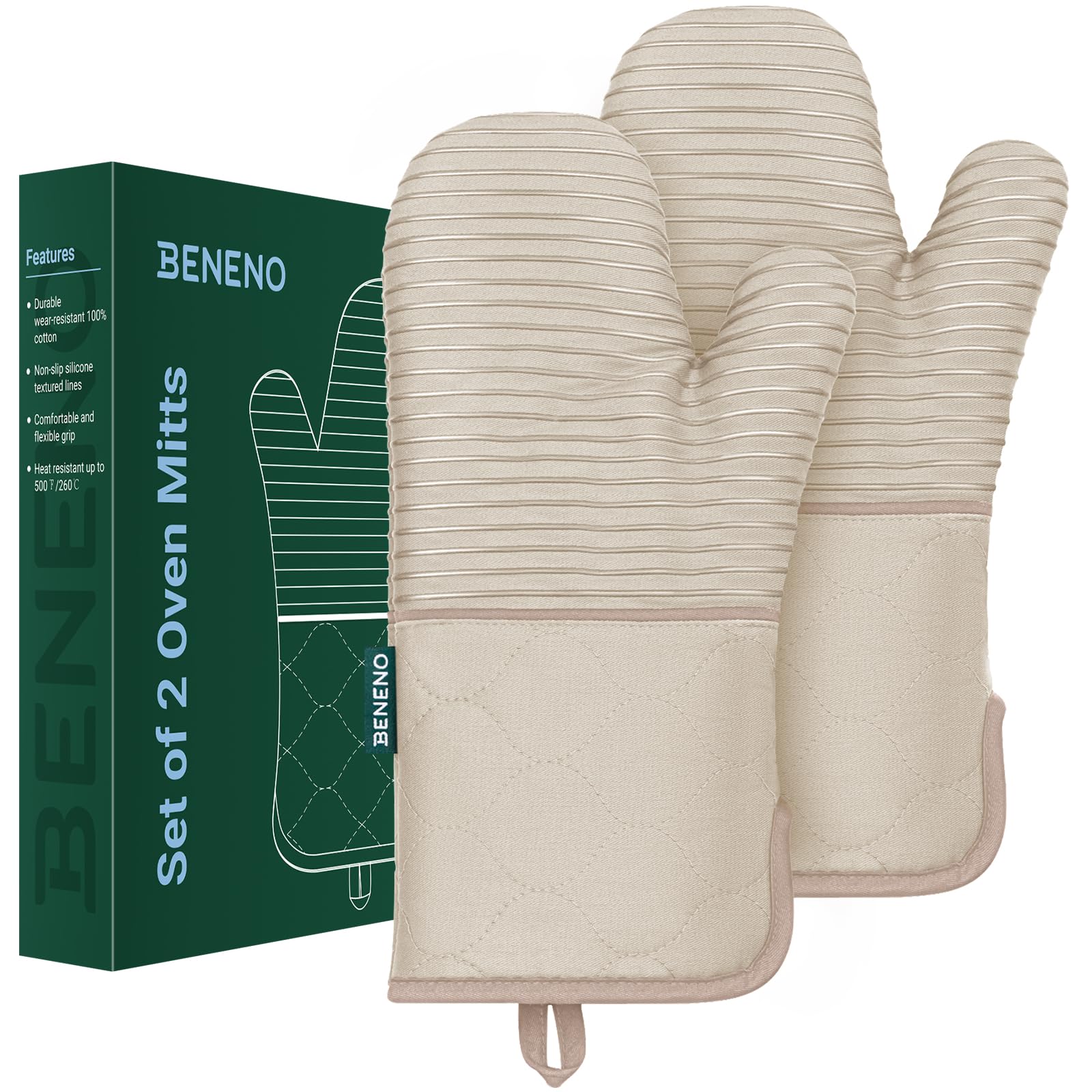 Guantes para horno, 2 guantes de horno de algodón texturizado de silicona antideslizante, resistentes al calor, 500 °F con forro de tela de rizo suave, 7 x 14.3 pulgadas, diseño de puño de 7