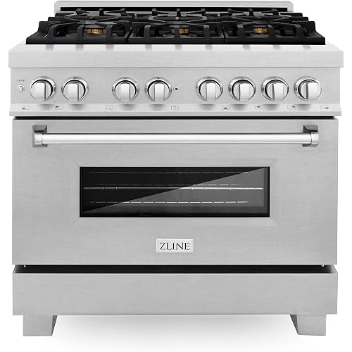 ZLINE 36 in. 4.6 cu. ft. Legacy Dual Fuel Range with Gas Cooktop and Electric Convection Oven in Satin Stainless Steel with 6 Brass Burners (RAS-SN-BR-36)