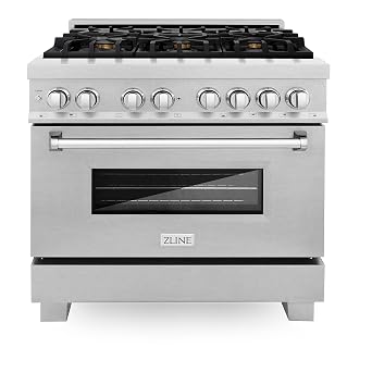 ZLINE 36 in. 4.6 cu. ft. Legacy Dual Fuel Range with Gas Cooktop and Electric Convection Oven in Satin Stainless Steel with 6 Brass Burners RAS-SN-BR-36