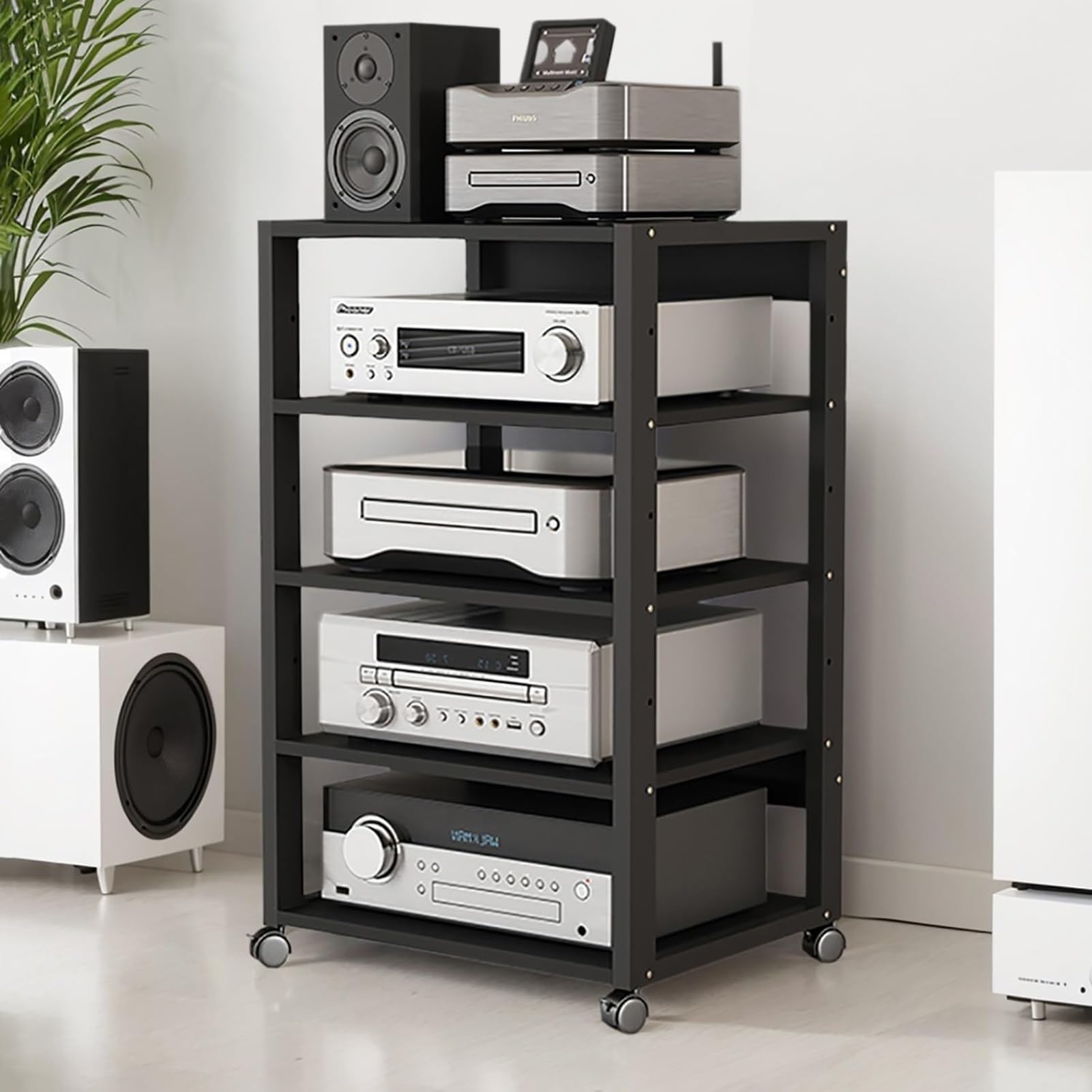 Support multimédia audio-vidéo moderne à roulettes et étagères réglables pour studio