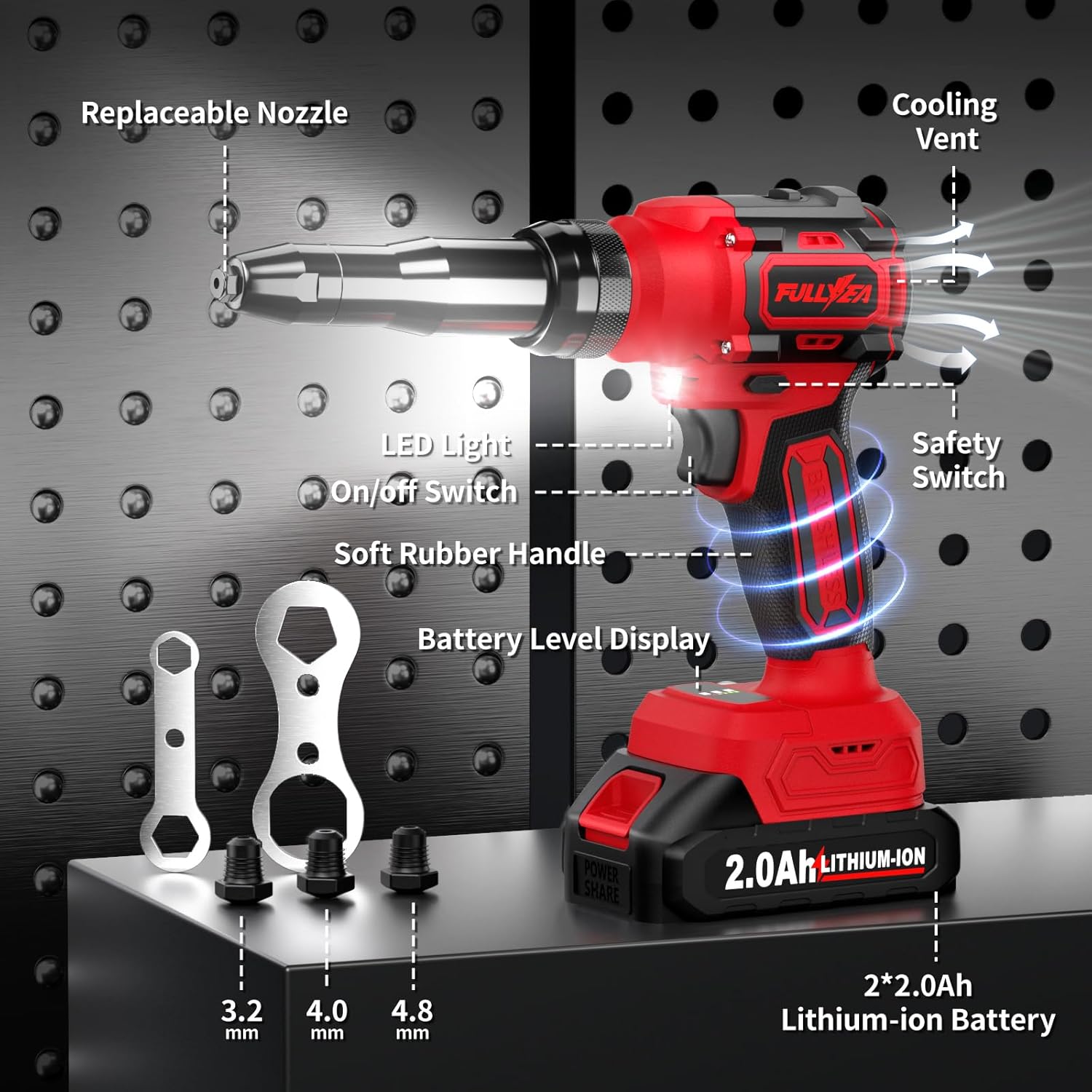 Electric Rivet Gun, Cordless Rivet Gun with 2 Pack Batteries and Fast Charger, Brushless Motor Rivet Gun Tool, Led Light, Automatic Power Rivet Gun Kit for 3 Size (1/8", 5/32", 3/16") Rivets