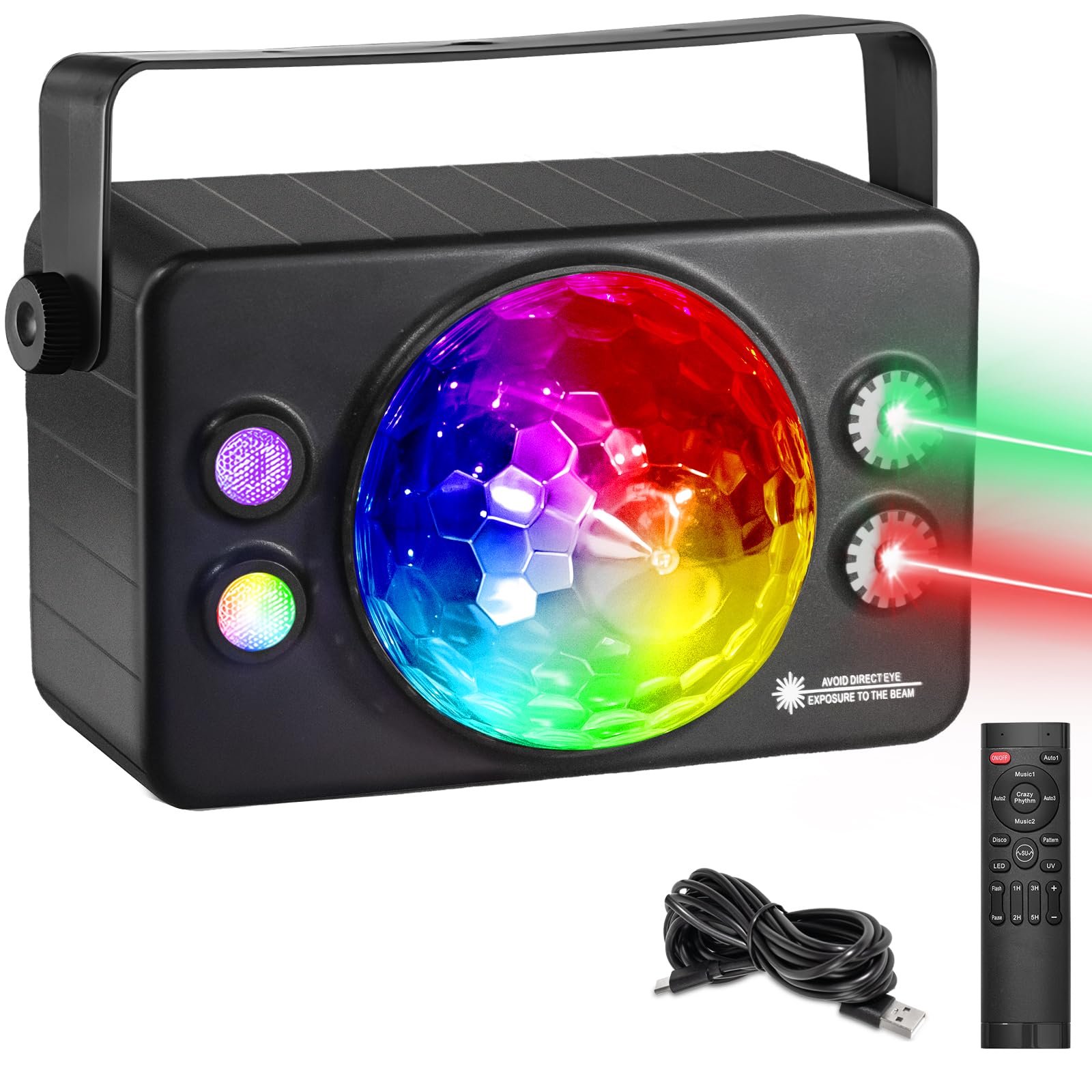 5 en 1 Boule disco Lumière de fête contrôlée par la musique - Lumière stroboscopique LED - Lumière disco - 10 W RVB - Avec télécommande pour décoration de fête