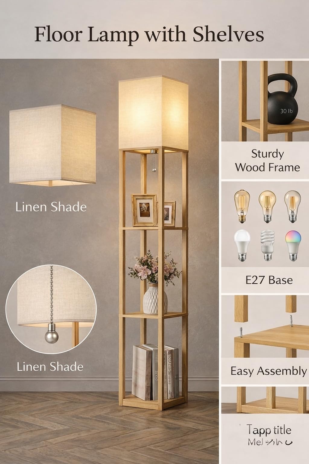 OUTON Stehlampe Holz mit Regal, 158 cm Stehleuchte, 3 Ablagen | 3 Farbtemperaturen, 9W E27 LED-Leuchtmittel, Stoffschirm für Wohnzimmer, Schlafzimmer, Büro, Flur, Gästezimmer