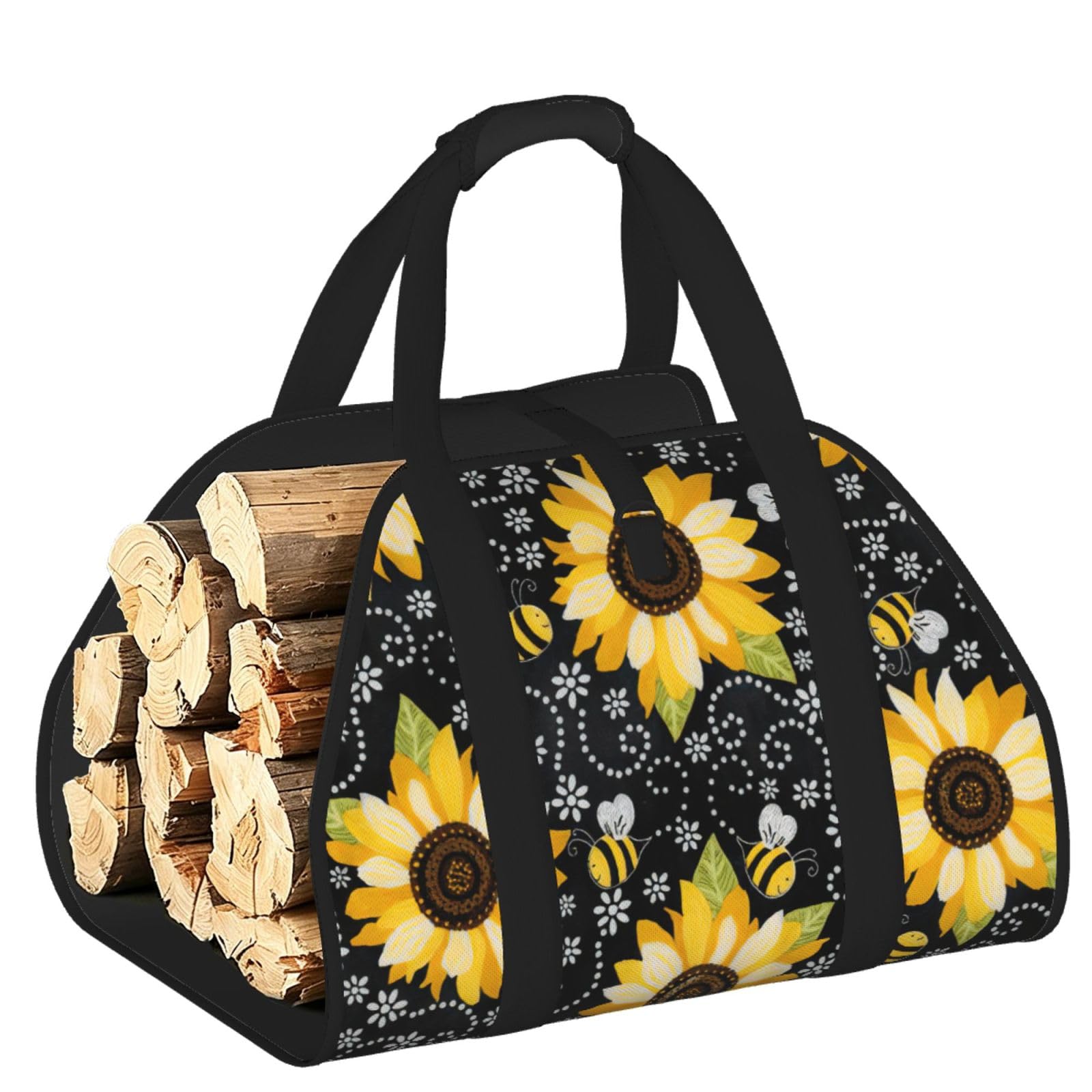 Sunflower bee Printed Firewood Carrier Bag, Log Tote with Open-Ended Design for Camping Outdoor Wood Hauling