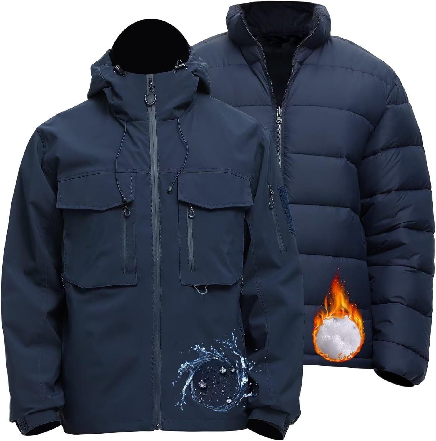 Rejork Men's 3 in 1 Waterproof Winter Jackets Ski Warm Snow Rain Coat Puffer Liner Hood Windbreaker